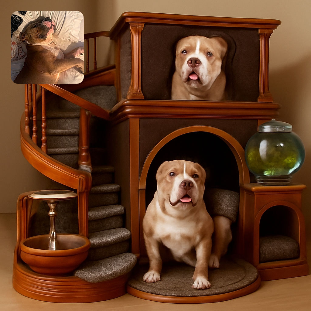 A cozy dog is sprawled out on a bed, looking up with a mix of curiosity and contentment, surrounded by soft pillows and blankets that scream comfort.
