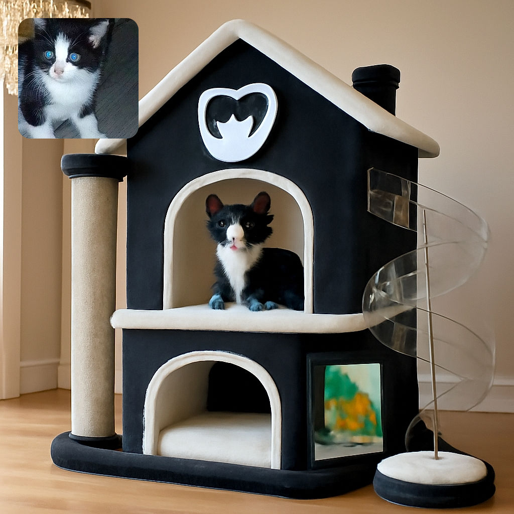 A curious black and white kitten with bright blue eyes looks off to the side, standing on a textured surface with a wooden background. The image is slightly grainy but captures the kitten's innocent and inquisitive expression.