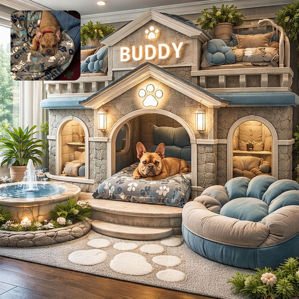 A squishy tan French bulldog puppy with a red collar is loafing on a paw-print blanket, staring at the camera with the world's most judgmental cuddle face — as if it's planning a nap-and-demand-treats strategy. Ears up, nose scrunched, and blanket artfully rumpled for maximum cozy drama.