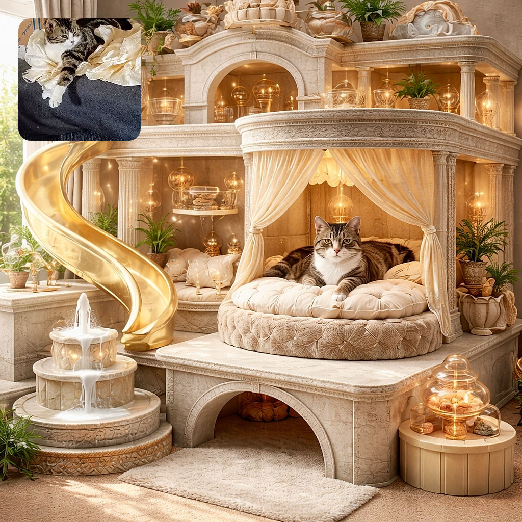 A chonky tabby has commandeered a silky blanket and the couch like a benevolent monarch, one paw dramatically extended while giving the world a sleepy, unimpressed stare. There's a cardboard kingdom and a book in the background, but clearly none of them matter — the cat has declared this throne occupied.