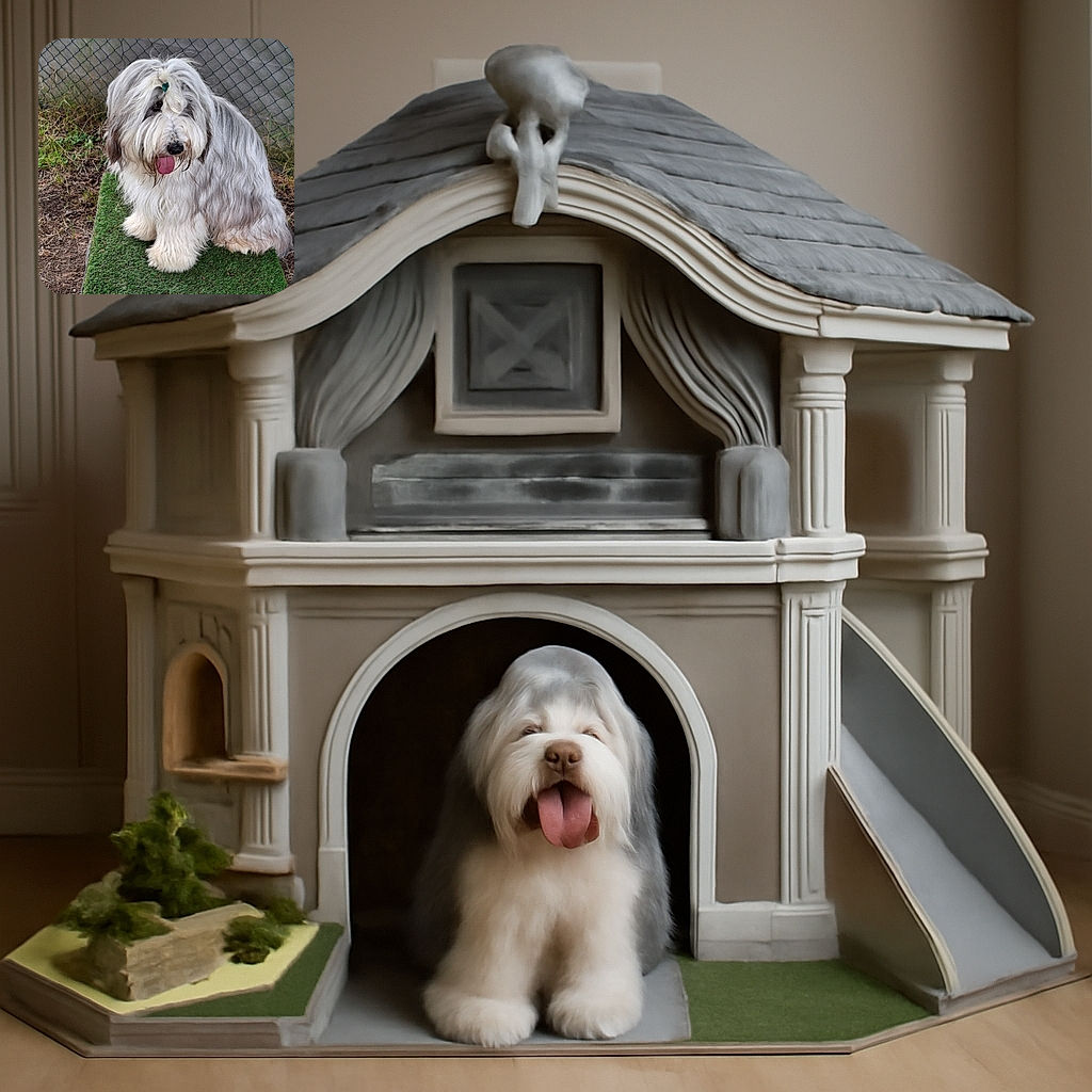 A fluffy, long-haired dog with a playful pink tongue sticking out sits on a patch of artificial grass next to a chain-link fence, looking like it just had a fun day outdoors and is ready for a nap.