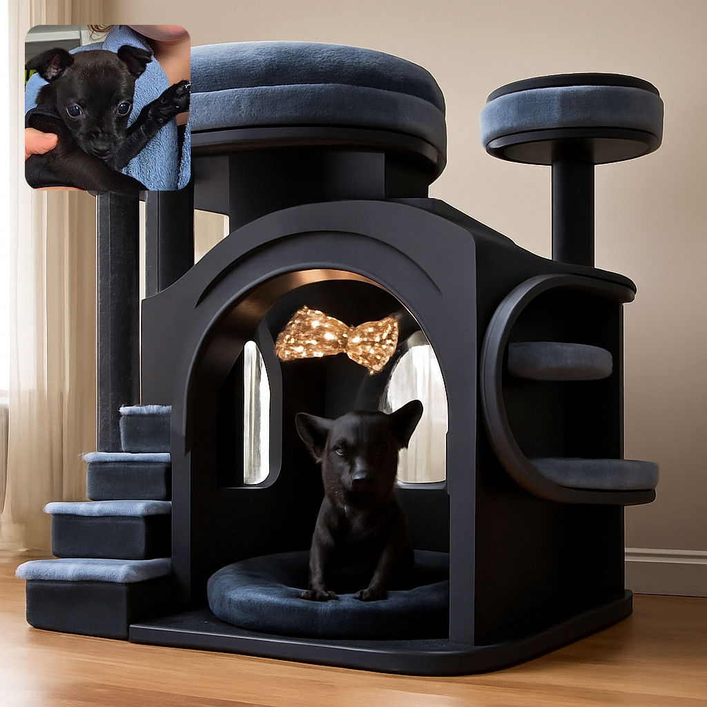 A close-up shot of a tiny black puppy being gently held by a person wearing a cozy blue robe. The puppy's big, shiny eyes look curiously at the camera while the person smiles softly, partially visible with glasses and a warm expression.