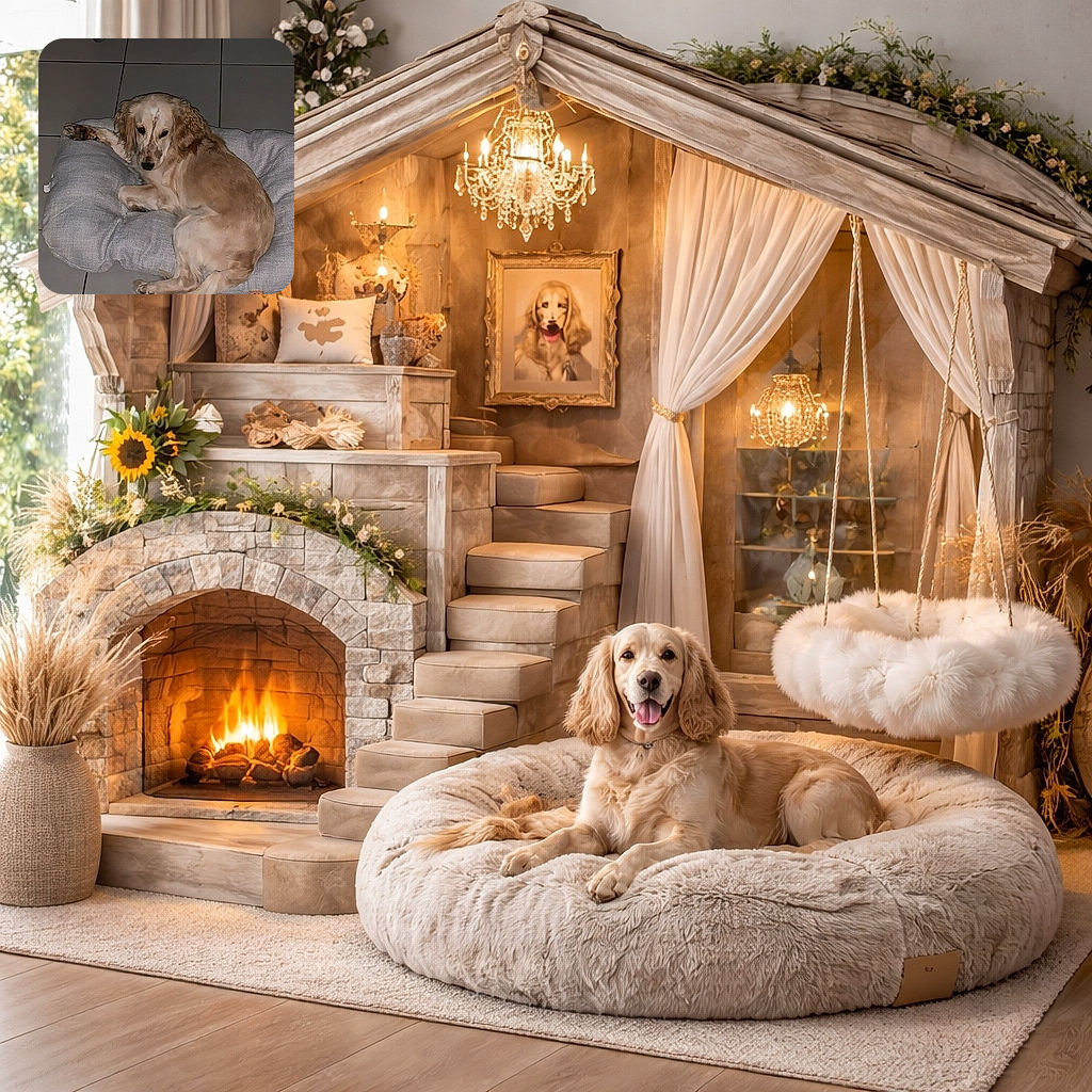 A cream-colored long-haired dog is sprawled on a gray cushion, giving a sleepy, mildly judgmental stare as if you just interrupted its throne time — tile floor, a bed sheet draped above, and a tiny orange tag for extra sophistication.
