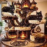 A majestic tortoiseshell cat lounges elegantly on a fluffy white perch of a cat tree, its bright yellow eyes wide open and alert. The cozy indoor setting with warm lighting highlights the cat's beautiful fur pattern and its purple heart-shaped tag adds a charming touch.