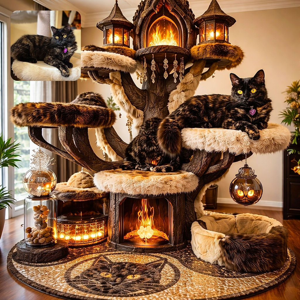 A majestic tortoiseshell cat lounges elegantly on a fluffy white perch of a cat tree, its bright yellow eyes wide open and alert. The cozy indoor setting with warm lighting highlights the cat's beautiful fur pattern and its purple heart-shaped tag adds a charming touch.
