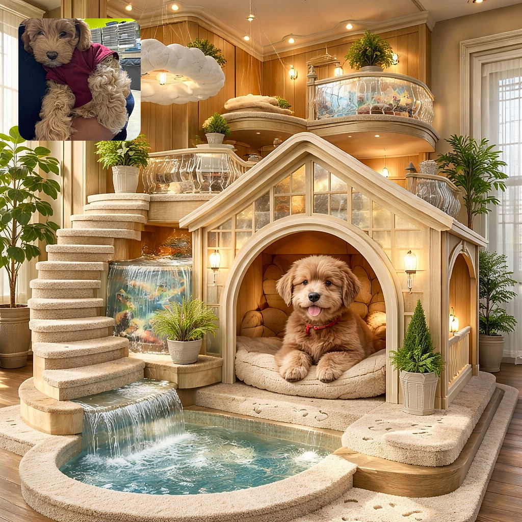 A fluffy, curly-haired puppy dressed in a cozy red shirt is being held lovingly, with its adorable face and soft paws stealing the spotlight against a bright green wall and metal cages in the background.
