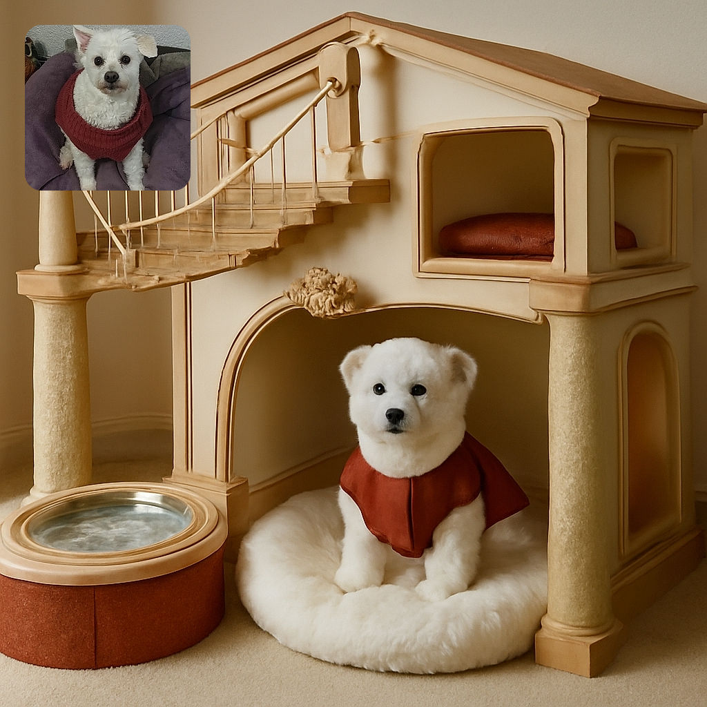 A fluffy white dog wearing a cozy red sweater sits attentively on a soft purple blanket, staring directly at the camera with big, expressive eyes, ready for a cuddle or a treat.