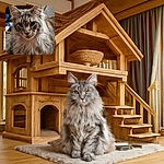 A majestic long-haired cat with a serious expression lounges comfortably against a cozy background, its luxurious fur and attentive eyes stealing the spotlight.