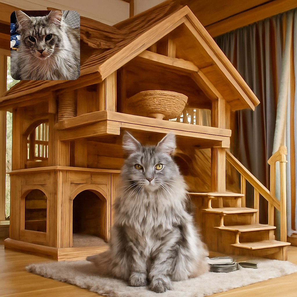 A majestic long-haired cat with a serious expression lounges comfortably against a cozy background, its luxurious fur and attentive eyes stealing the spotlight.