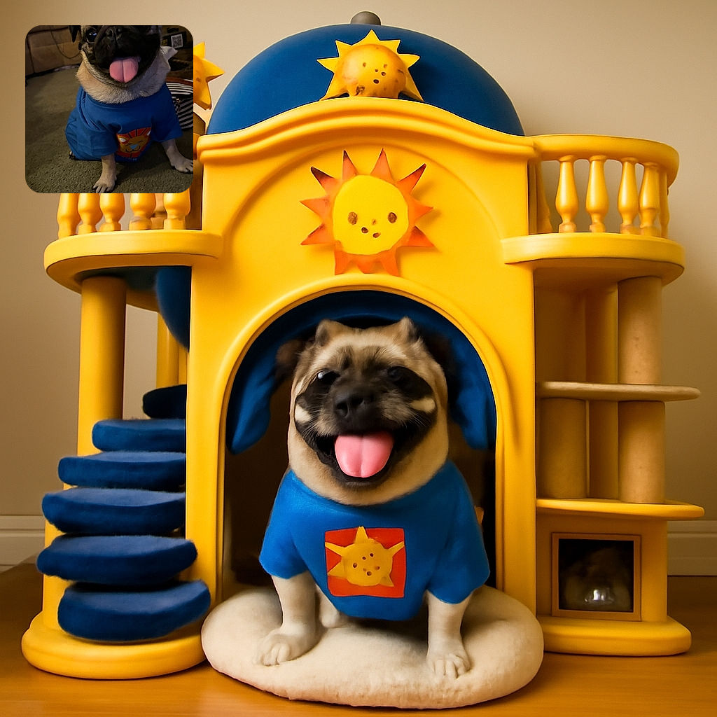 A happy pug wearing a blue shirt with a cute lion print is sitting on a carpeted floor, tongue out and looking straight at the camera, with a cozy living room setting in the background.