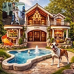 A lively indoor snapshot of a person joyfully holding up a large, energetic dog standing on its hind legs. The cozy room features wooden floors, a mirror reflecting a ceiling fan, and a TV playing black-and-white content. The dog appears playful and excited, while the person smiles warmly, creating a heartwarming moment of companionship.