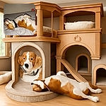A cozy dog is sprawled out on a bed, belly up and totally relaxed, with a smart collar on its neck. The background is simple with a pillow and a small orange toy peeking out, making it a perfect snapshot of pet comfort and chill vibes.