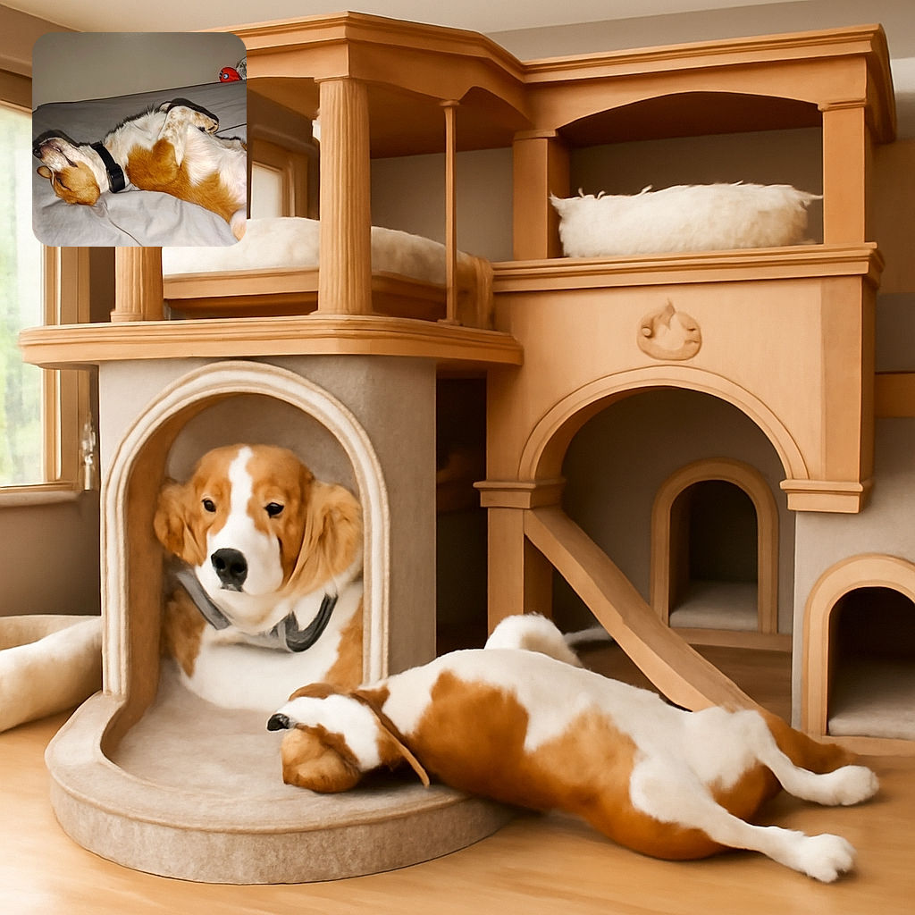 A cozy dog is sprawled out on a bed, belly up and totally relaxed, with a smart collar on its neck. The background is simple with a pillow and a small orange toy peeking out, making it a perfect snapshot of pet comfort and chill vibes.