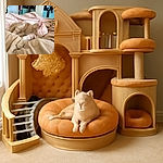 A cozy orange tabby cat snoozes peacefully on a soft beige blanket, blending in perfectly with the warm tones of the bedding. The background shows a casual room setting with clothes and cabinets, adding a homey vibe to the scene.