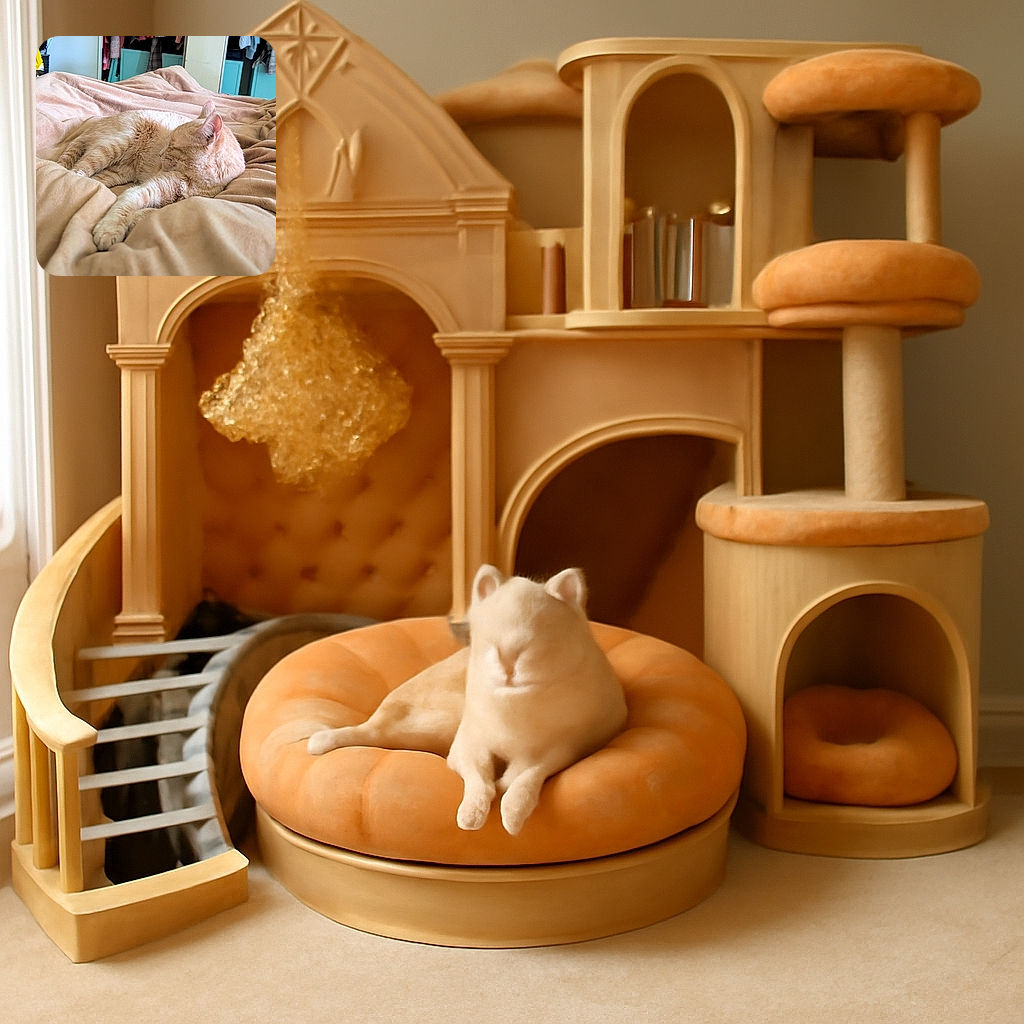 A cozy orange tabby cat snoozes peacefully on a soft beige blanket, blending in perfectly with the warm tones of the bedding. The background shows a casual room setting with clothes and cabinets, adding a homey vibe to the scene.