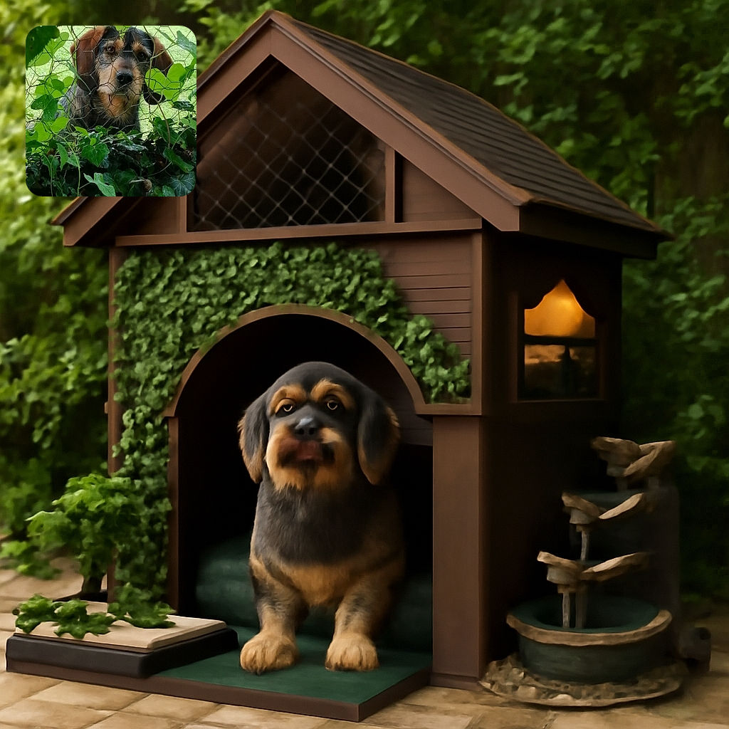 A curious dog peers through a wire fence surrounded by lush green leaves, giving a slightly inquisitive and adorable look as if asking for a walk or a treat.