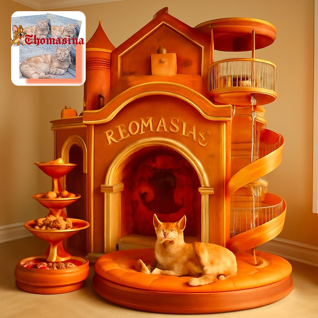 A collage of a relaxed orange tabby cat lying on gravel near a wheel, with a cartoon Jerry from Tom and Jerry and the large gothic red text 'Thomasina' overlaying the image. The cat looks content and slightly sleepy, while the cartoon and text add a playful and whimsical touch.