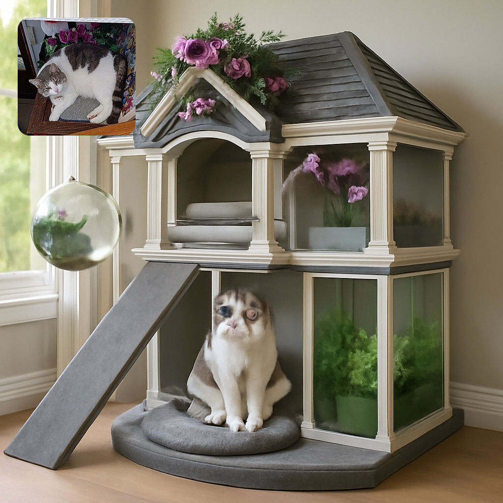 A chubby, relaxed cat with gray and white fur lounges comfortably on a cushioned wooden chair, surrounded by vibrant purple flowers and a colorful backdrop, looking slightly sleepy but content.