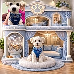 A fluffy white dog wearing a blue harness and a matching blue bow tie with paw prints sits adorably in someone's lap. The dog stares wide-eyed at the camera, while the person behind wears a bright pink shirt and a heart-shaped necklace with a paw pendant. The background is softly blurred, highlighting the charming pup as the star of the photo.
