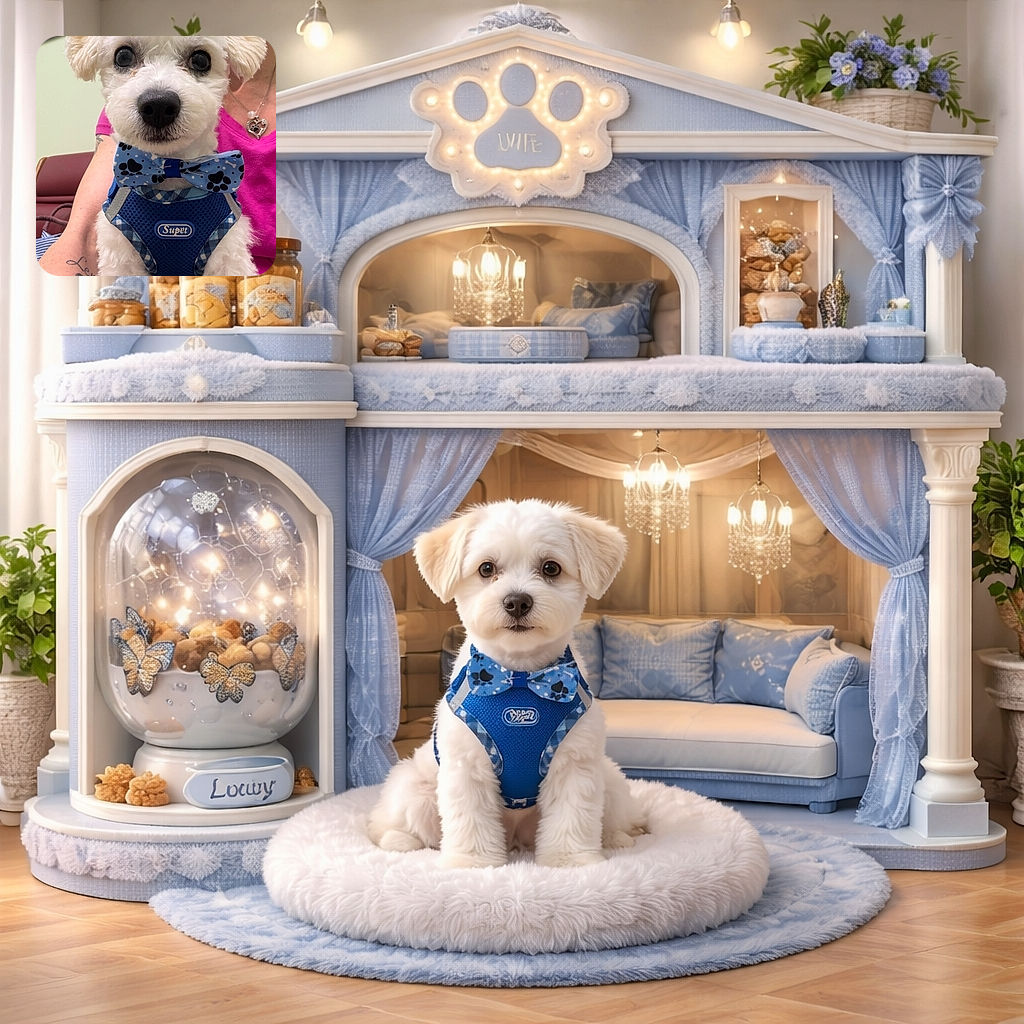 A fluffy white dog wearing a blue harness and a matching blue bow tie with paw prints sits adorably in someone's lap. The dog stares wide-eyed at the camera, while the person behind wears a bright pink shirt and a heart-shaped necklace with a paw pendant. The background is softly blurred, highlighting the charming pup as the star of the photo.