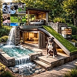 A charming collage of a dog in various settings — lounging on couches, exploring outdoors, posing indoors, and enjoying a car ride. The dog showcases different moods from alert and curious to relaxed and sleepy, capturing the essence of a loyal companion's daily adventures.
