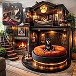 A blurry close-up of a small black and tan dog with a collar, lounging on a couch with indistinct objects and possibly another dog in the background.