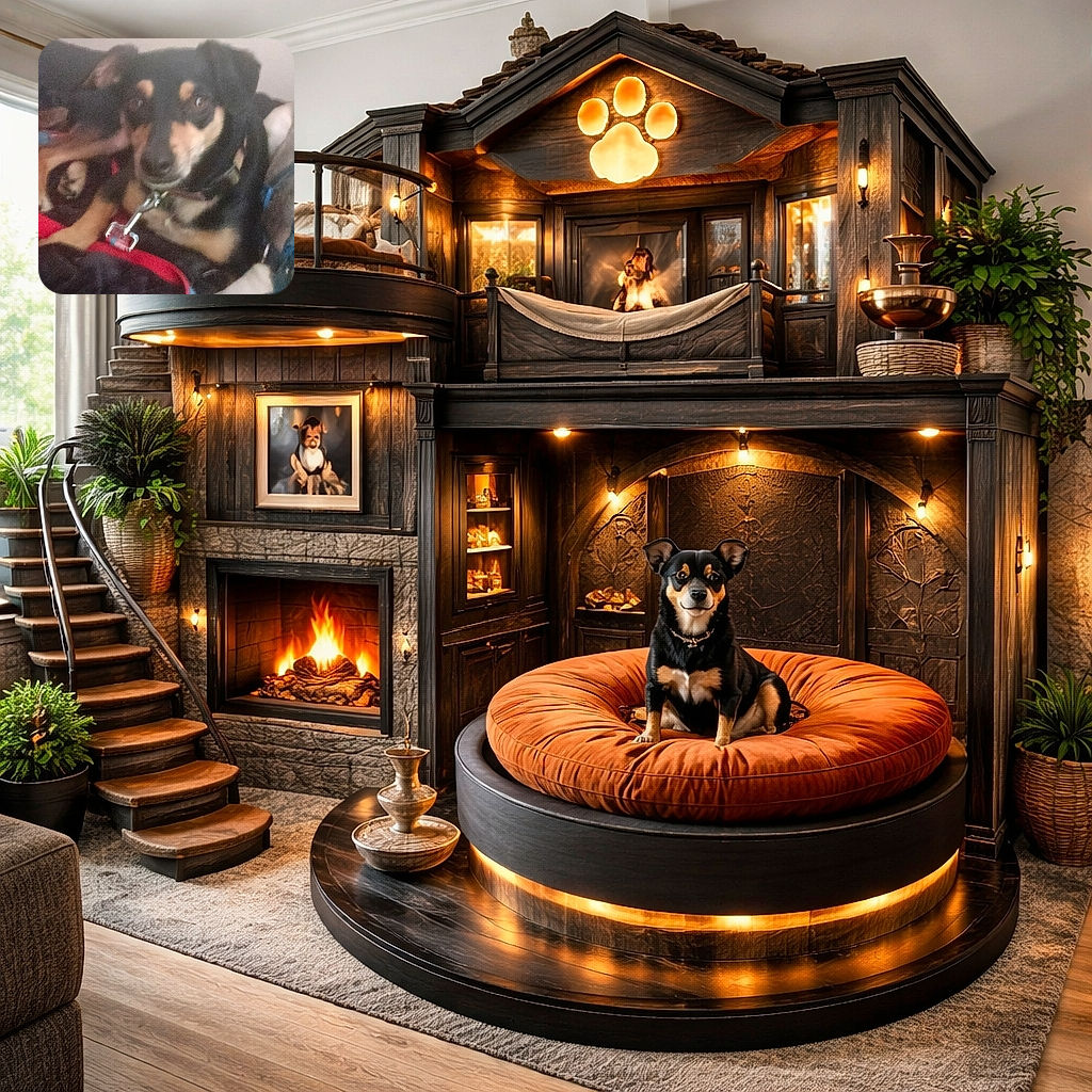A blurry close-up of a small black and tan dog with a collar, lounging on a couch with indistinct objects and possibly another dog in the background.