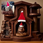 A tabby cat lounges on a fluffy brown cushion, sporting a tiny red and white Santa hat that looks slightly too festive for its serious expression.
