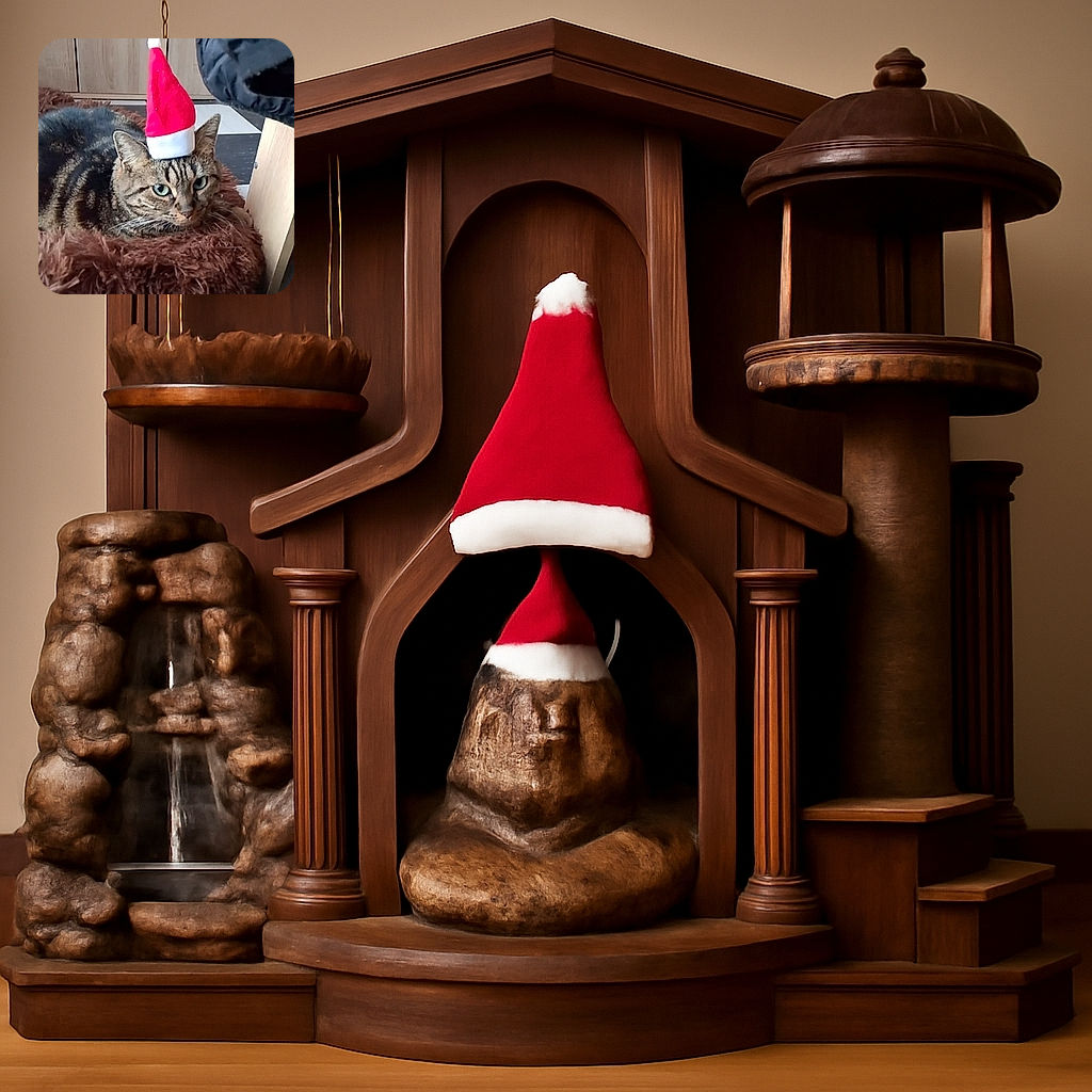 A tabby cat lounges on a fluffy brown cushion, sporting a tiny red and white Santa hat that looks slightly too festive for its serious expression.
