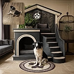 A cute black and white puppy with speckled fur looks up with curious eyes while sitting on a wooden floor surrounded by scattered clothes and a chair leg.