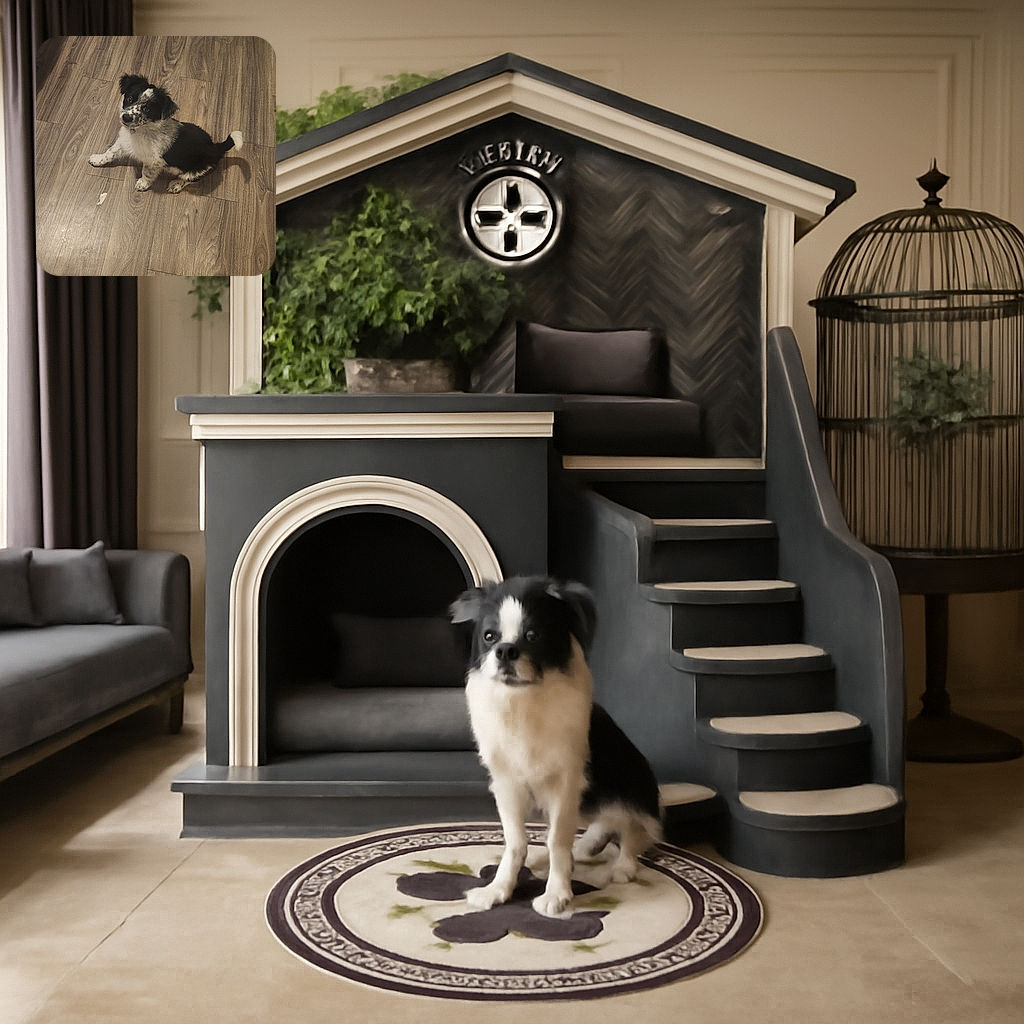 A cute black and white puppy with speckled fur looks up with curious eyes while sitting on a wooden floor surrounded by scattered clothes and a chair leg.