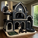 A fluffy black and white cat sits regally on a beige cat tree, bathed in warm sunlight casting a rectangular glow on the wall behind. The cat's tongue peeks out just a bit, adding a quirky touch to this serene and cozy moment.