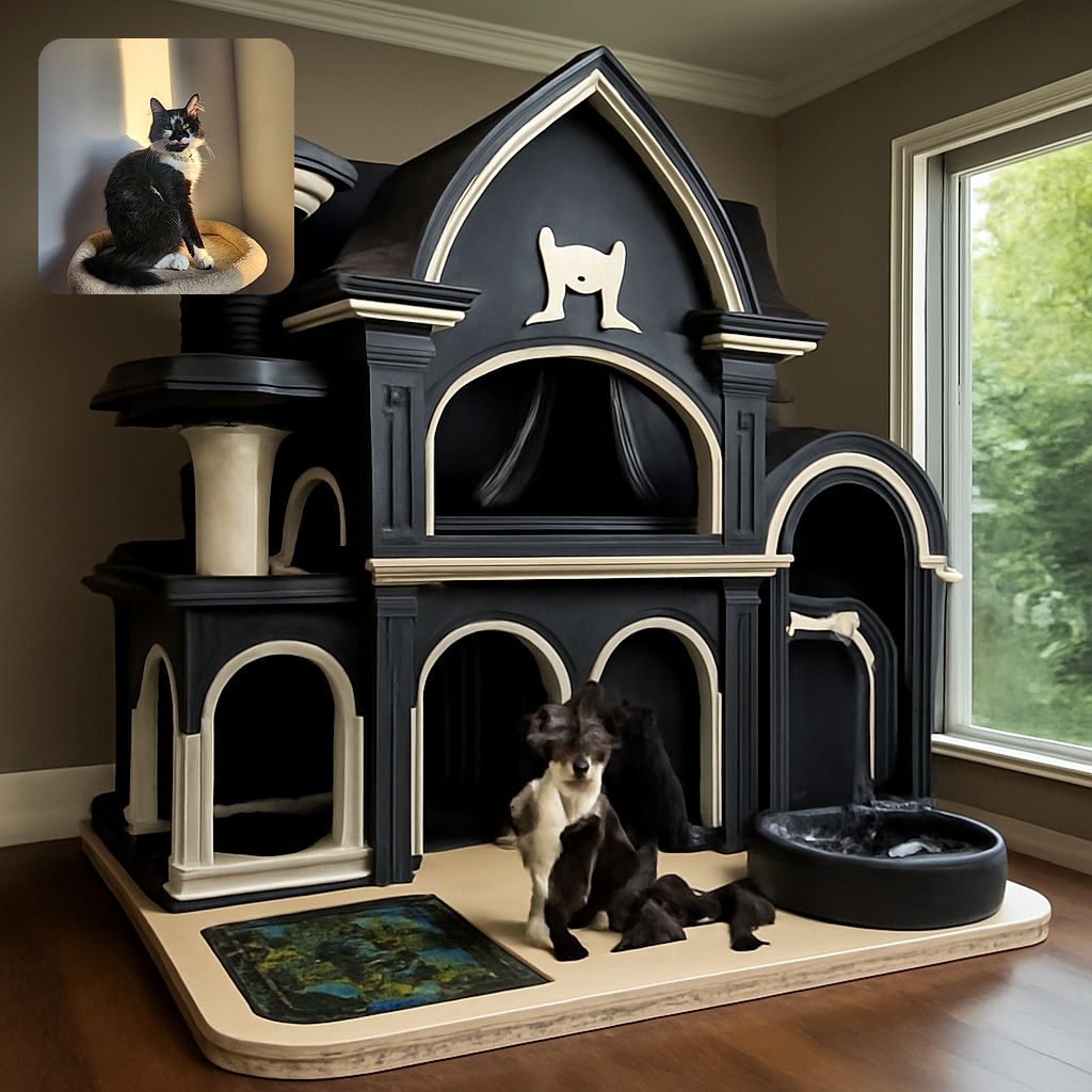 A fluffy black and white cat sits regally on a beige cat tree, bathed in warm sunlight casting a rectangular glow on the wall behind. The cat's tongue peeks out just a bit, adding a quirky touch to this serene and cozy moment.