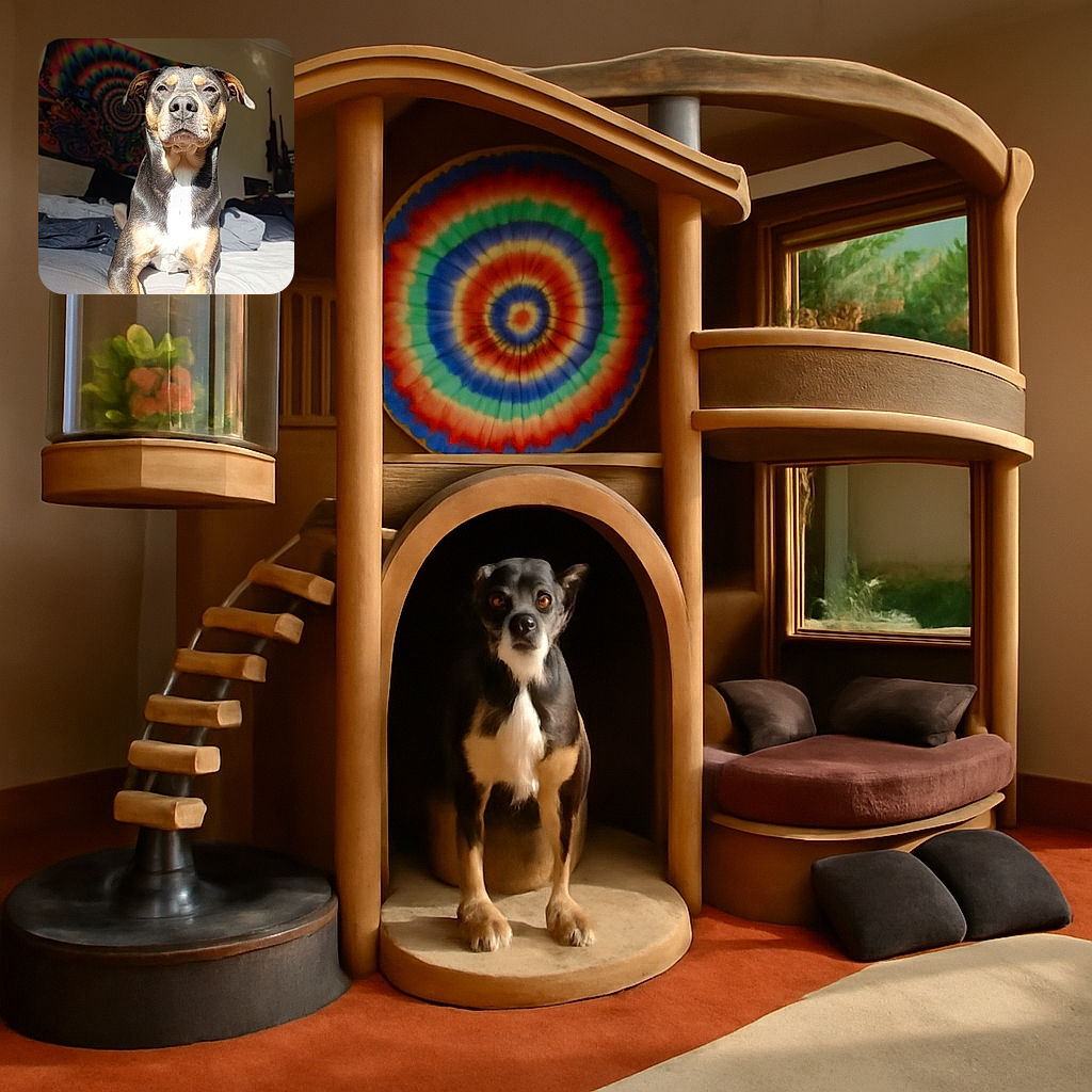 A dignified dog basks in a warm sunbeam on a cozy bed, with a colorful psychedelic tapestry swirling in the background like a trippy dreamland. The pooch looks like it's judging the camera with a mix of curiosity and regal coolness.