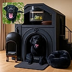 A joyful black labrador retriever looks up with bright amber eyes and a wide open mouth, tongue hanging out, as if asking for a treat or a belly rub, standing on a patchy grassy ground with a few yellow dandelions scattered around.