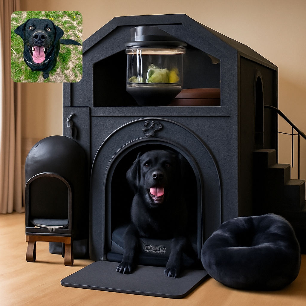 A joyful black labrador retriever looks up with bright amber eyes and a wide open mouth, tongue hanging out, as if asking for a treat or a belly rub, standing on a patchy grassy ground with a few yellow dandelions scattered around.