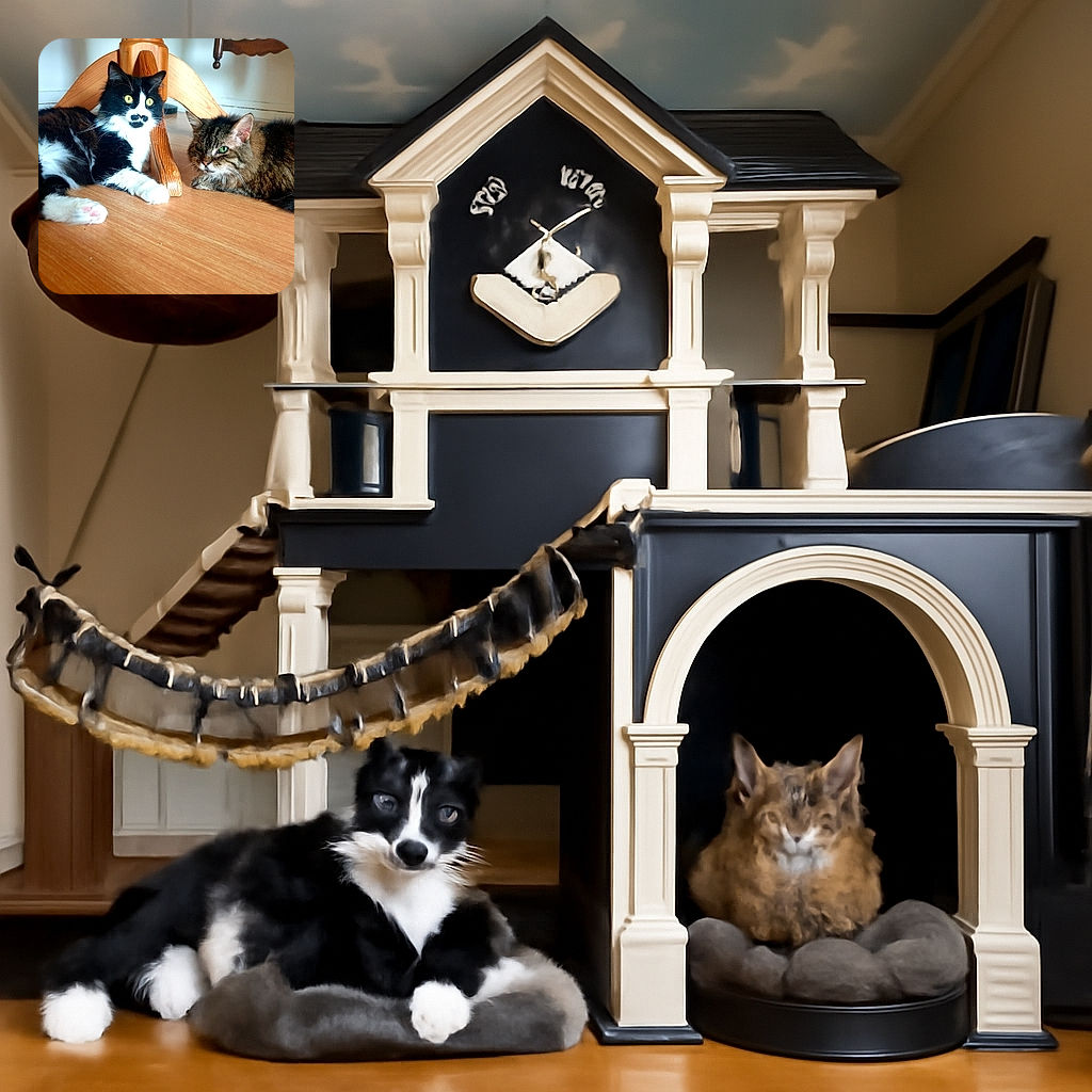 Two cats are chilling on a wooden floor under a table, one with striking yellow eyes and a black-and-white coat, the other with a fluffy brown tabby fur and green eyes. The lighting highlights their cozy and relaxed vibe in a homey setting.