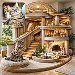 A fluffy gray tabby cat stares wide-eyed with bright green eyes, head slightly tilted in curiosity. The background shows a cozy indoor setting with a decorative vase holding dried plants, softly blurred to highlight the cat's detailed fur and whiskers.