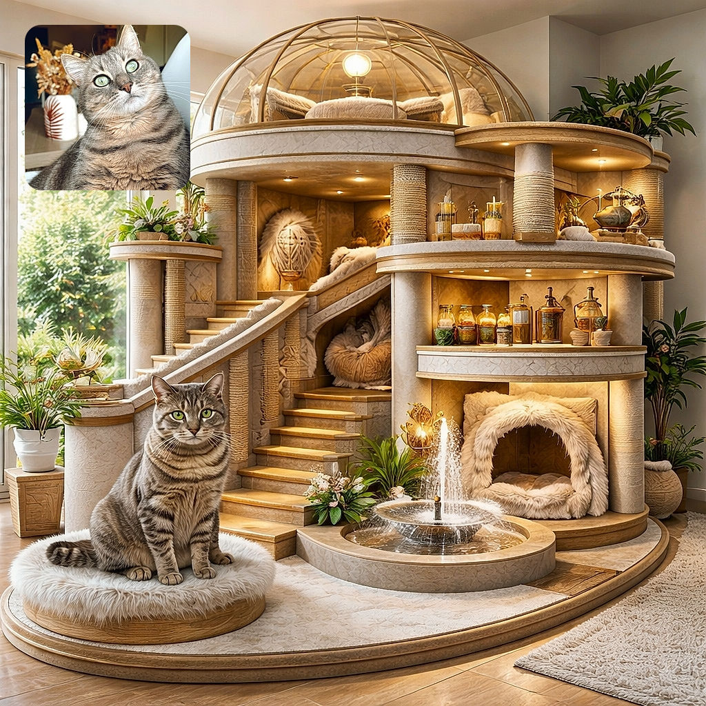 A fluffy gray tabby cat stares wide-eyed with bright green eyes, head slightly tilted in curiosity. The background shows a cozy indoor setting with a decorative vase holding dried plants, softly blurred to highlight the cat's detailed fur and whiskers.