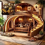 A brindle dog has claimed this vintage brown armchair as throne — giving the world a slow, judgmental stare while expertly executing the loaf position. Basement ambiance, dramatic shadows, and unimpressed eyes complete the scene.