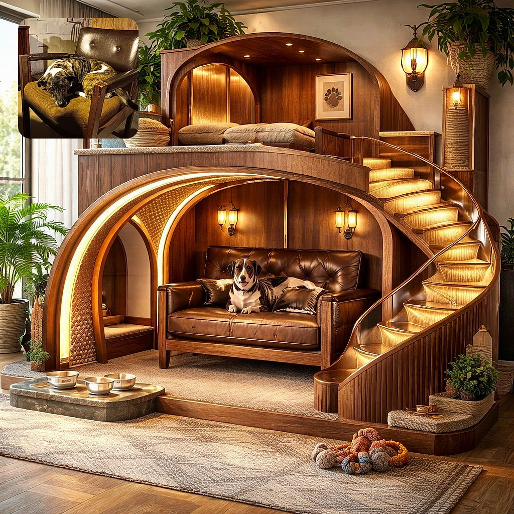 A brindle dog has claimed this vintage brown armchair as throne — giving the world a slow, judgmental stare while expertly executing the loaf position. Basement ambiance, dramatic shadows, and unimpressed eyes complete the scene.