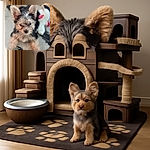 A tiny, wet-furred puppy stares curiously into the camera with big, perky ears and shiny eyes, sitting on a textured rug with a blurred white and red plush toy in the background.