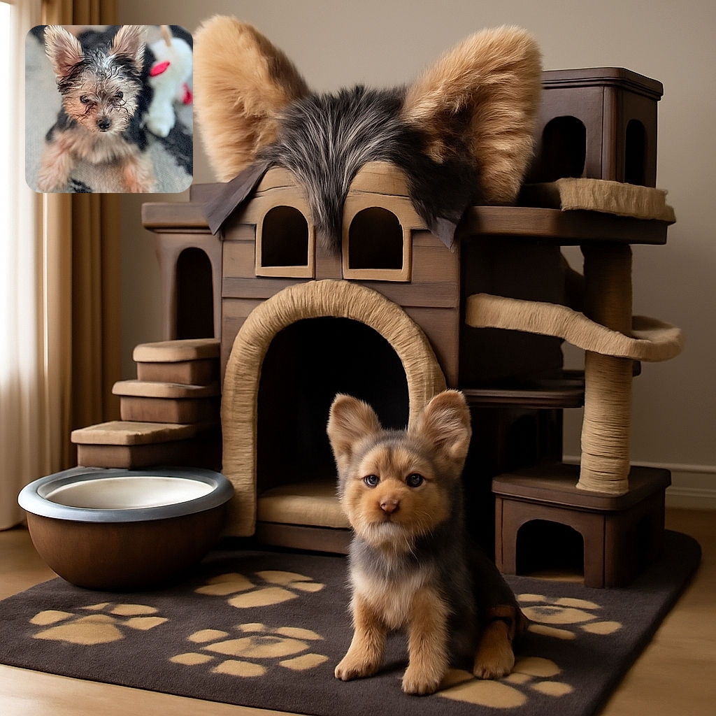 A tiny, wet-furred puppy stares curiously into the camera with big, perky ears and shiny eyes, sitting on a textured rug with a blurred white and red plush toy in the background.