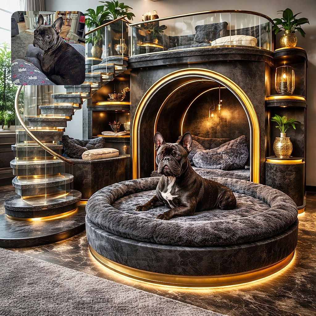A suspiciously photogenic French bulldog gives a dramatic side-eye while perched on a couch — huge bat ears, glossy brindle coat, and one paw casually on the cushion. The cozy living room with bookshelves and plants is softly out of focus, while the pup steals the spotlight like it pays the rent.