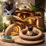A curious Siamese cat peeks cautiously from behind a scratching post, eyes wide and alert, with a leafy plant and some household items blurred in the background.