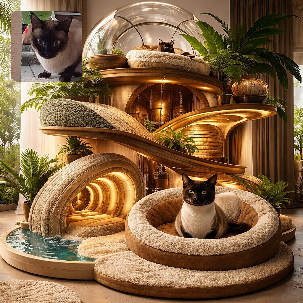 A curious Siamese cat peeks cautiously from behind a scratching post, eyes wide and alert, with a leafy plant and some household items blurred in the background.