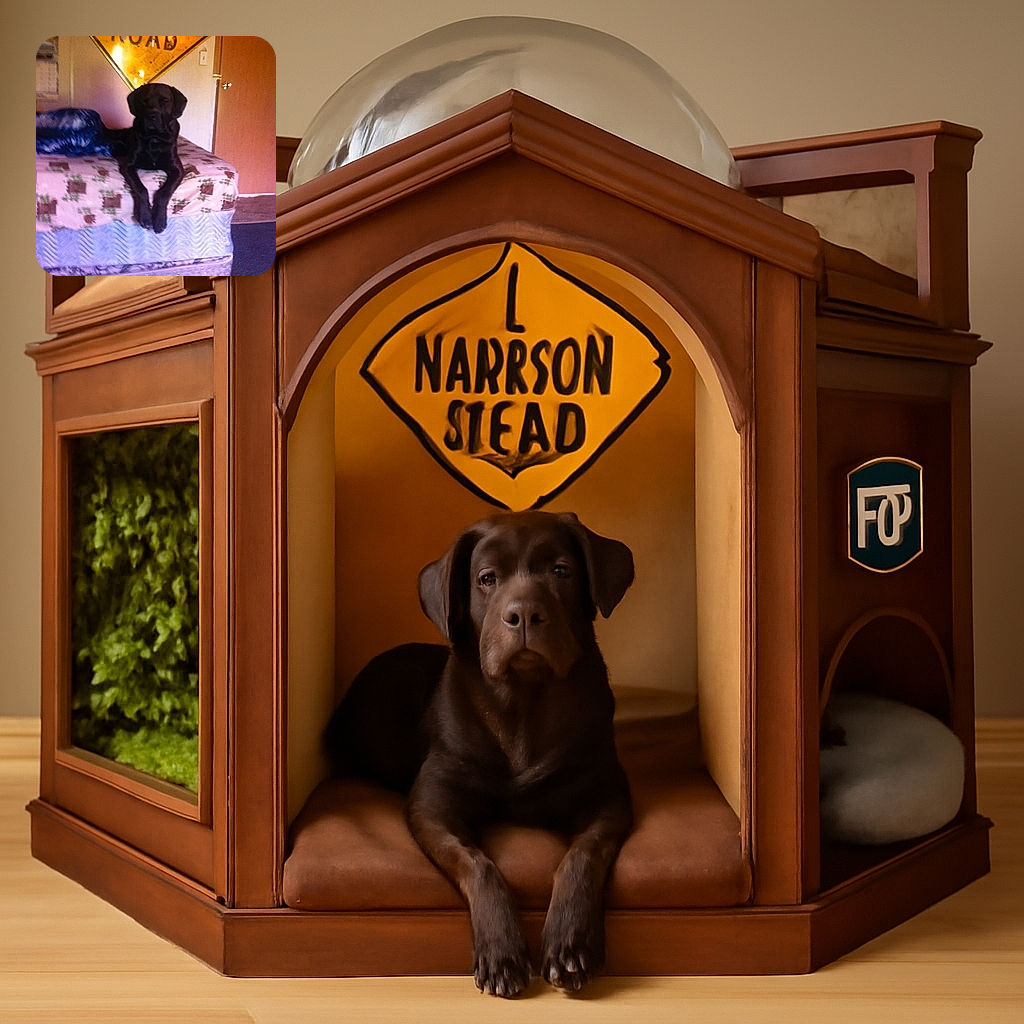 A slightly blurry photo of a black dog lounging on a bed with patterned sheets, a colorful sign on the wall behind, and a small chew toy on the carpeted floor. The dog looks relaxed but the image lacks sharpness and good lighting.
