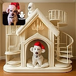 A cute curly-haired dog wearing a festive red Santa hat poses on a dark surface with a cozy background. To the right, a playful winter-themed snowman graphic and the word 'winter' add a seasonal touch, making the photo feel warm and holiday-spirited despite some slight blurriness.