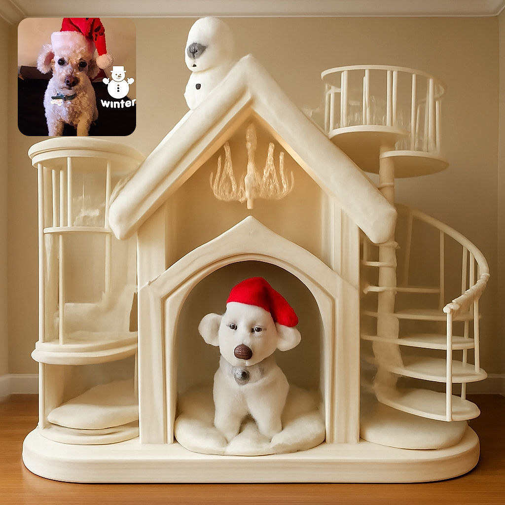 A cute curly-haired dog wearing a festive red Santa hat poses on a dark surface with a cozy background. To the right, a playful winter-themed snowman graphic and the word 'winter' add a seasonal touch, making the photo feel warm and holiday-spirited despite some slight blurriness.