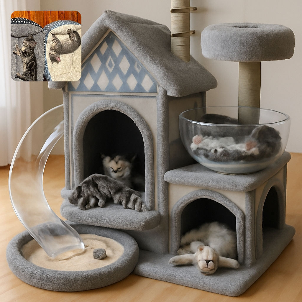 Two adorable kittens are snoozing peacefully in their cozy beds, perfectly capturing the essence of feline relaxation on a warm wooden floor.
